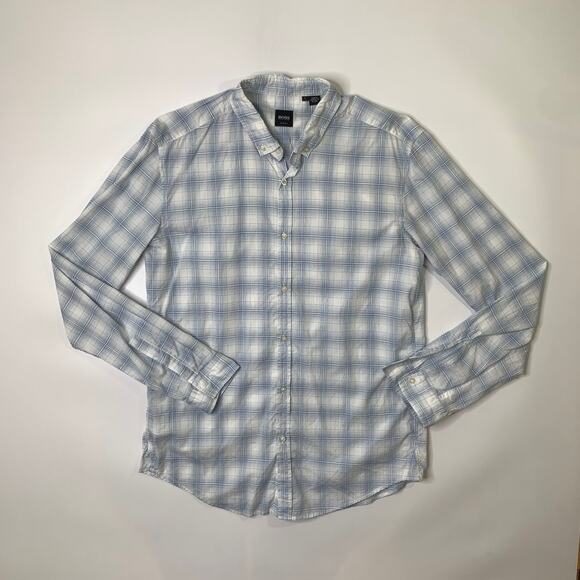 Hugo Boss Shirt Mens L Large Blue White SLIM Fit Plaid Button Down Cotton Dress - Picture 2 of 8